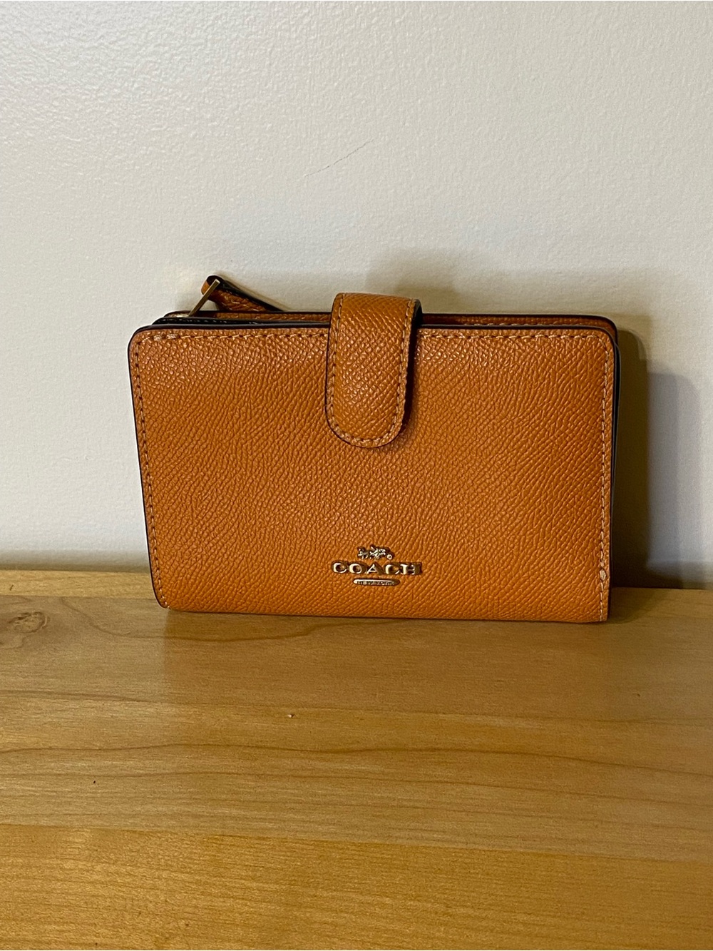 Coach Metallic Burnt Orange Brown Textured Medium Corner Zip Wallet
